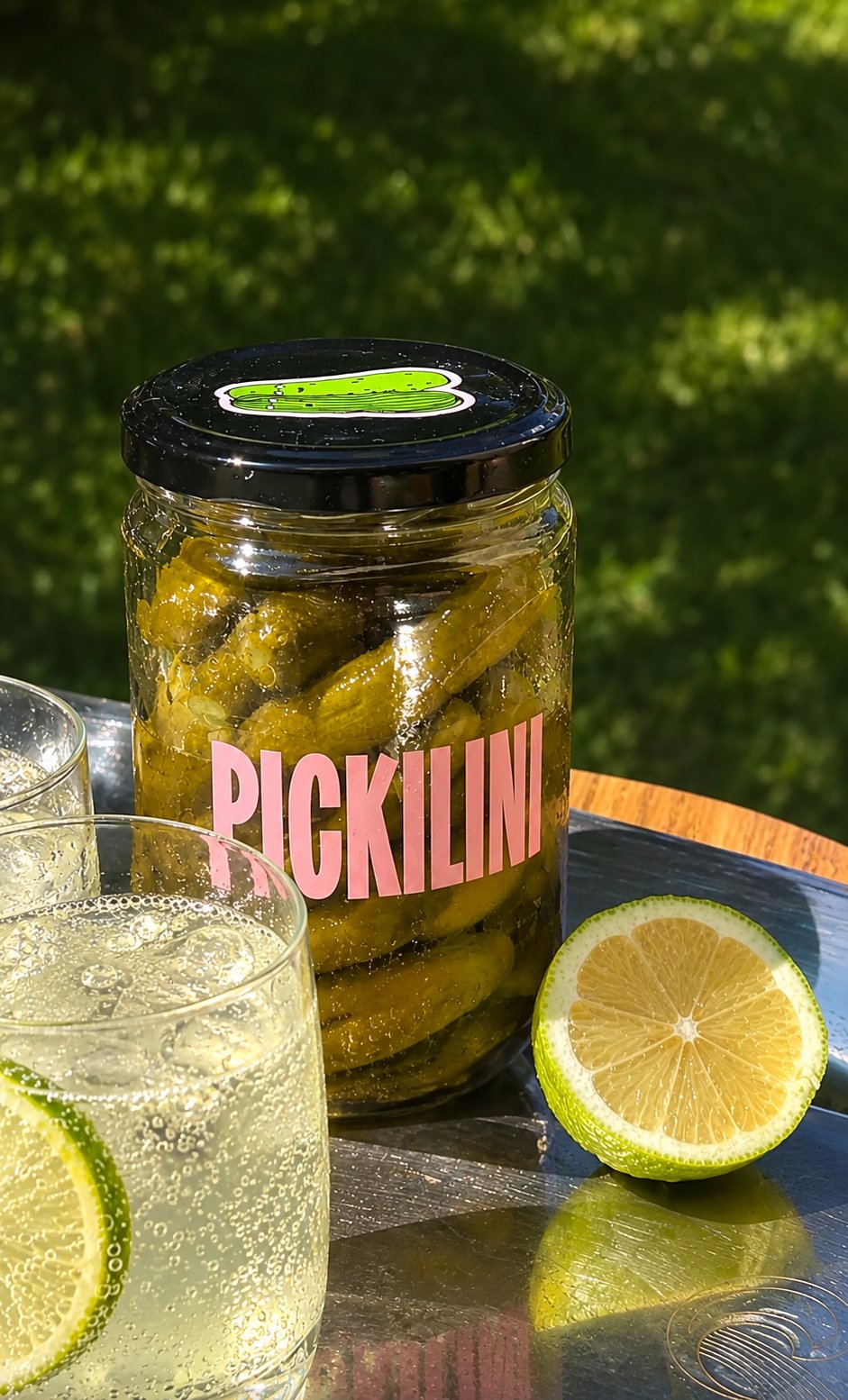 Pickilini jar with pickle tonic and lime